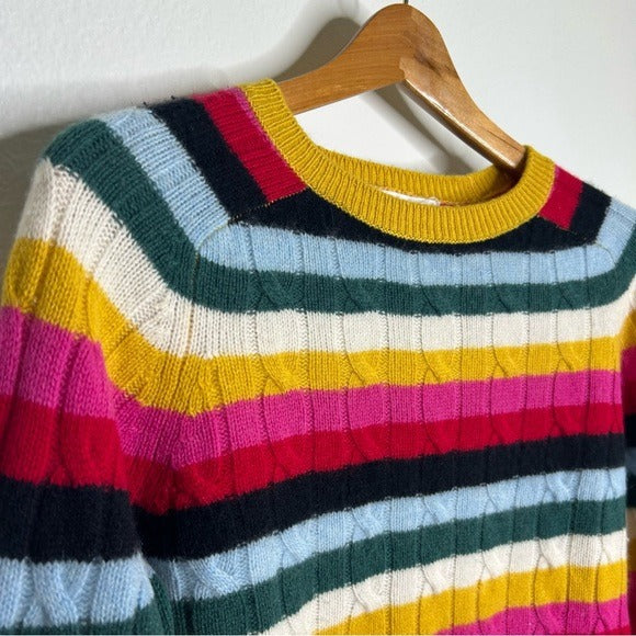1901 100% Cashmere Rainbow Striped Cable Knit Pullover Sweater