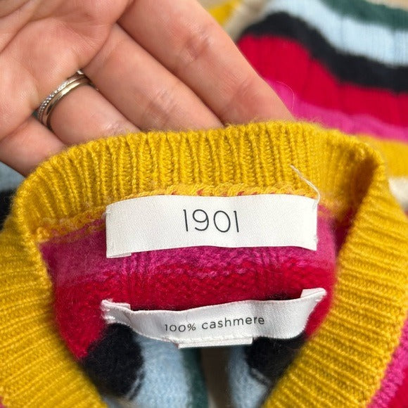 1901 100% Cashmere Rainbow Striped Cable Knit Pullover Sweater