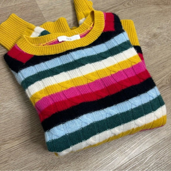 1901 1901 100% Cashmere Rainbow Striped Cable Knit Pullover Sweater - Cashmere