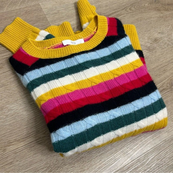 1901 100% Cashmere Rainbow Striped Cable Knit Pullover Sweater