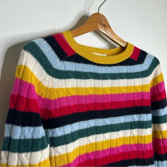 1901 100% Cashmere Rainbow Striped Cable Knit Pullover Sweater