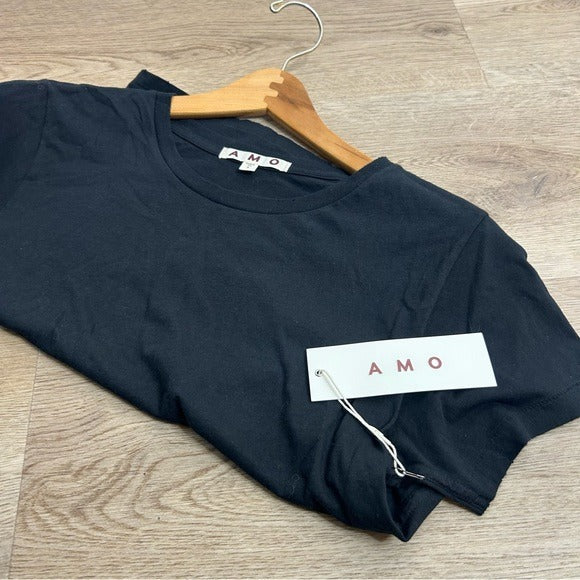 AMO 100% Cotton Black Short Sleeve Classic Distressed Hem T - Shirt