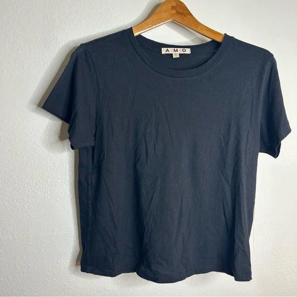 AMO 100% Cotton Black Short Sleeve Classic Distressed Hem T - Shirt