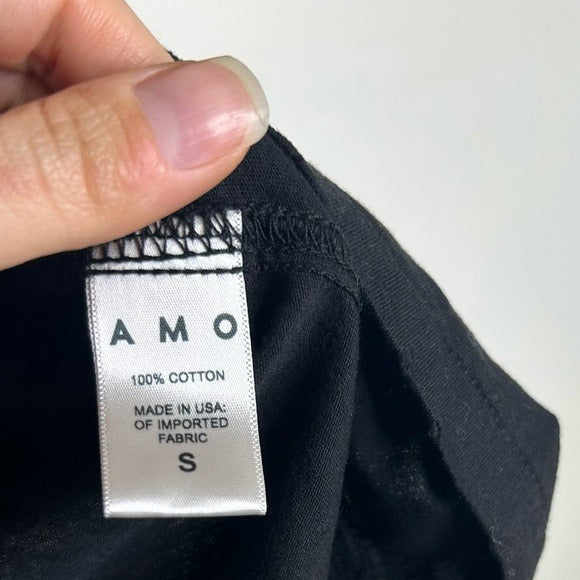 AMO 100% Cotton Black Short Sleeve Classic Distressed Hem T - Shirt