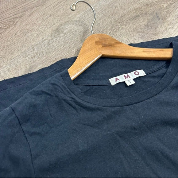 AMO 100% Cotton Black Short Sleeve Classic Distressed Hem T - Shirt