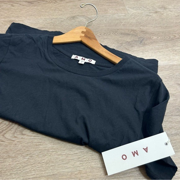 AMO 100% Cotton Black Short Sleeve Classic Distressed Hem T - Shirt