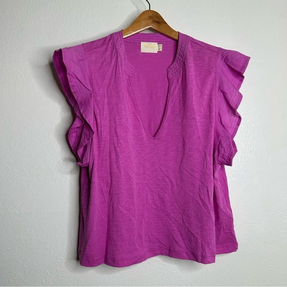 Nation LTD Nation LTD 100% Pima Cotton Flutter Sleeve V - Neck Blouse - Cotton