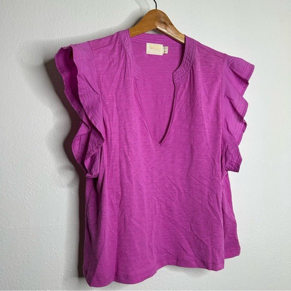 Nation LTD Nation LTD 100% Pima Cotton Flutter Sleeve V - Neck Blouse - Cotton