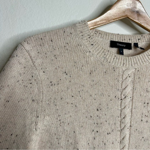 Theory Wool Cashmere Neutral Cable Knit Cream Cropped Sweater
