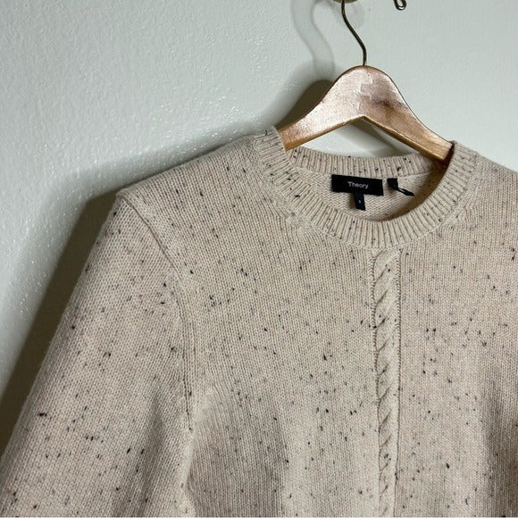 Theory Wool Cashmere Neutral Cable Knit Cream Cropped Sweater