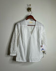 Nation LA 100% Pima Cotton White V- Neck Crochet Sleeve Blouse Top