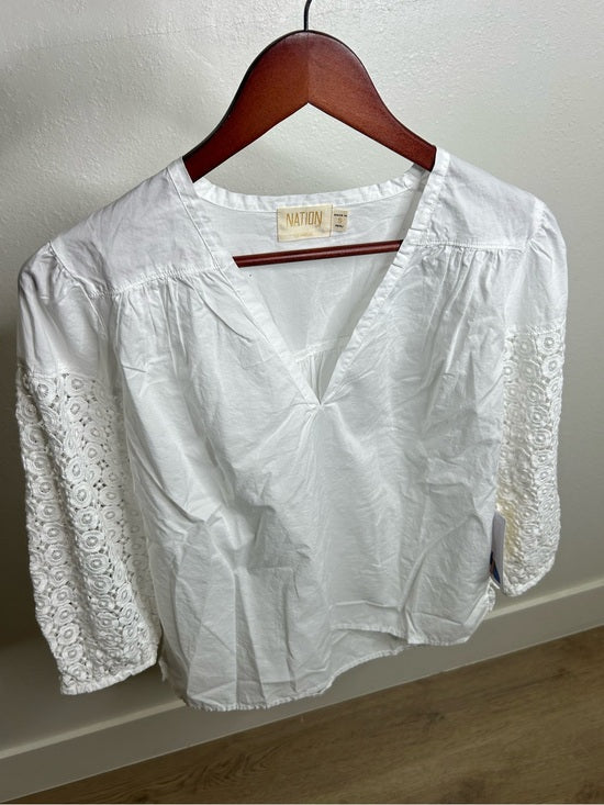 Nation LTD Nation LA 100% Pima Cotton White V- Neck Crochet Sleeve Blouse Top - Cotton