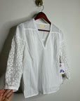Nation LA 100% Pima Cotton White V- Neck Crochet Sleeve Blouse Top