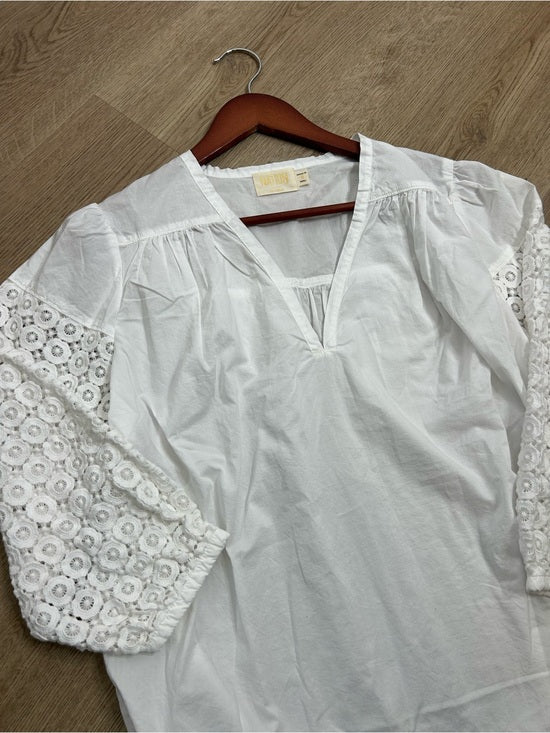 Nation LTD Nation LA 100% Pima Cotton White V- Neck Crochet Sleeve Blouse Top - Cotton