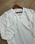Nation LA 100% Pima Cotton White V- Neck Crochet Sleeve Blouse Top