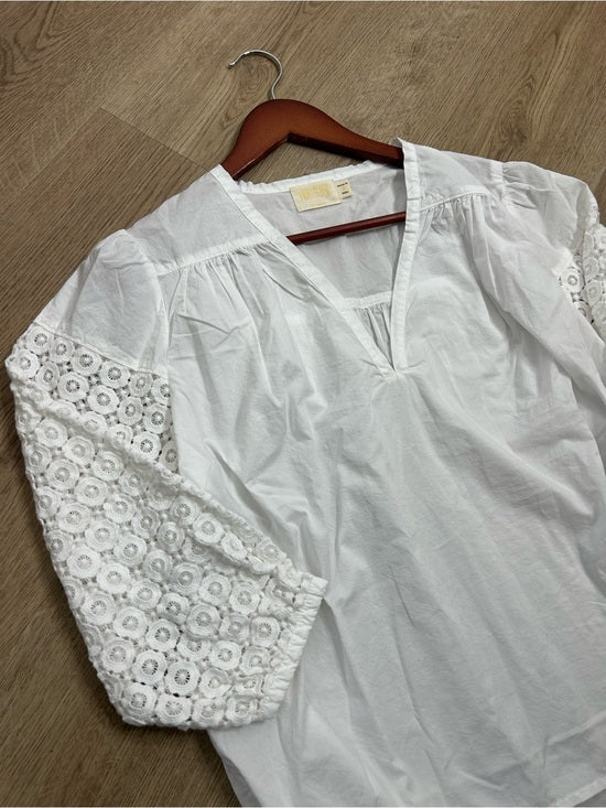 Nation LTD Nation LA 100% Pima Cotton White V- Neck Crochet Sleeve Blouse Top - Cotton