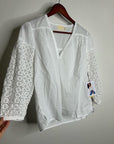 Nation LA 100% Pima Cotton White V- Neck Crochet Sleeve Blouse Top