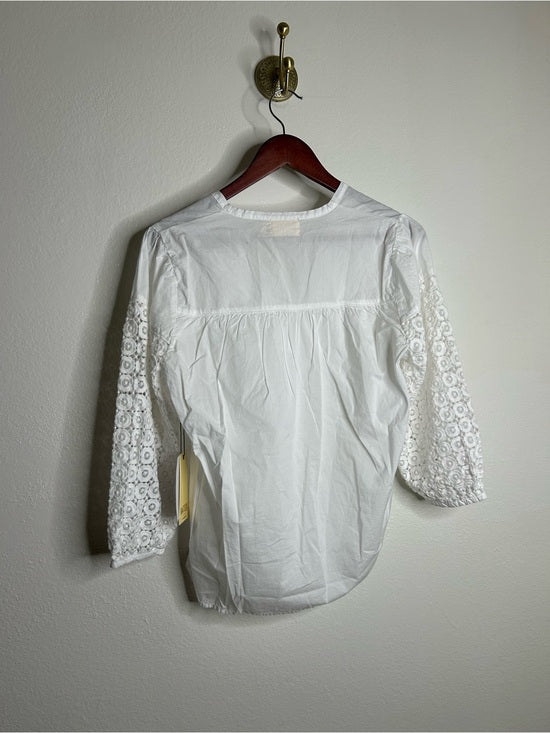 Nation LA 100% Pima Cotton White V- Neck Crochet Sleeve Blouse Top