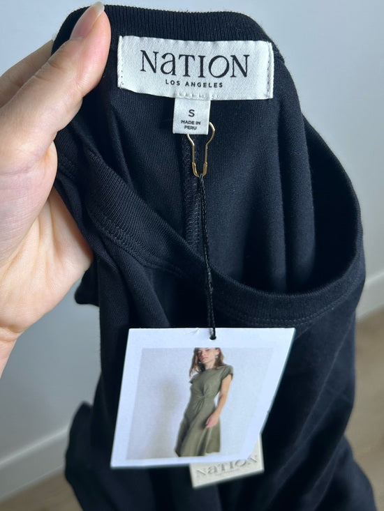 Nation LA 100% Pima Cotton Black Cinched T- Shirt Short Sleeve Midi Dress