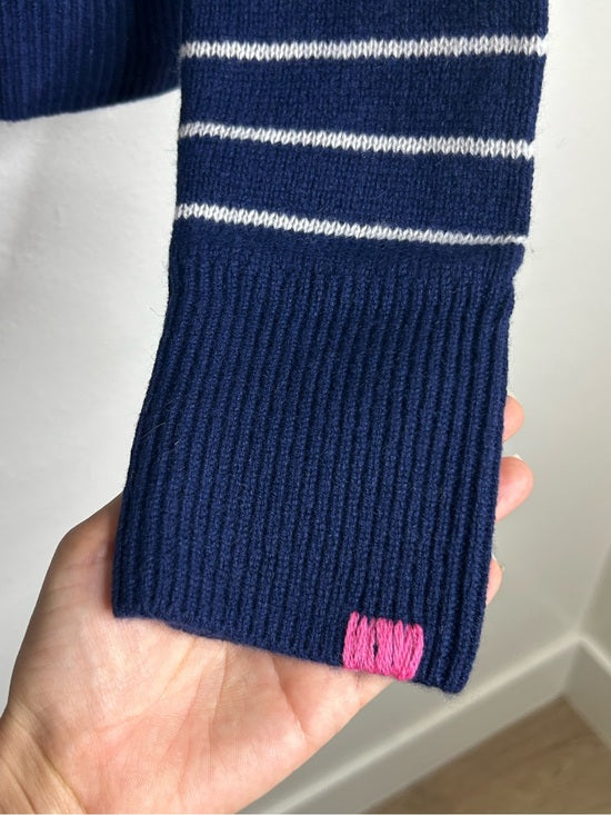 OGD 100% Cashmere Navy White Striped Blakely Cashmere Pullover