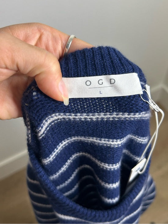 OGD 100% Cashmere Navy White Striped Blakely Cashmere Pullover
