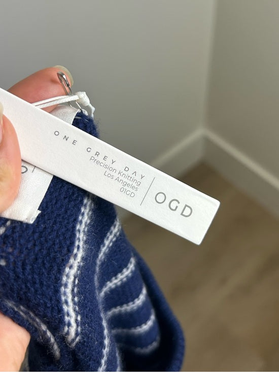 OGD 100% Cashmere Navy White Striped Blakely Cashmere Pullover