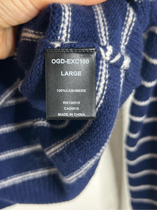 OGD 100% Cashmere Navy White Striped Blakely Cashmere Pullover