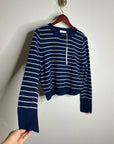 OGD 100% Cashmere Navy White Striped Blakely Cashmere Pullover