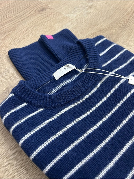 OGD 100% Cashmere Navy White Striped Blakely Cashmere Pullover