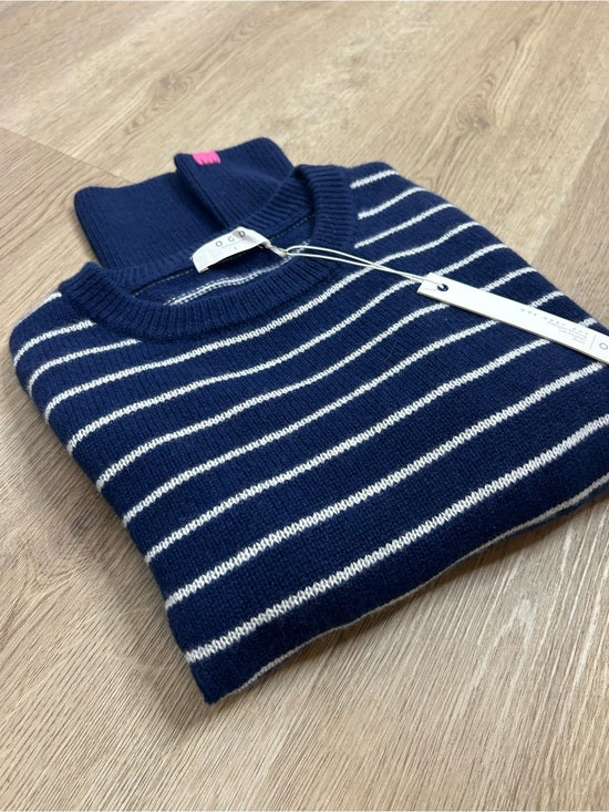 OGD 100% Cashmere Navy White Striped Blakely Cashmere Pullover