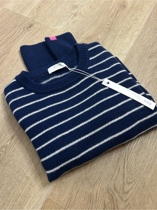 OGD 100% Cashmere Navy White Striped Blakely Cashmere Pullover