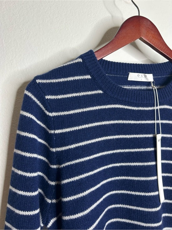 OGD 100% Cashmere Navy White Striped Blakely Cashmere Pullover