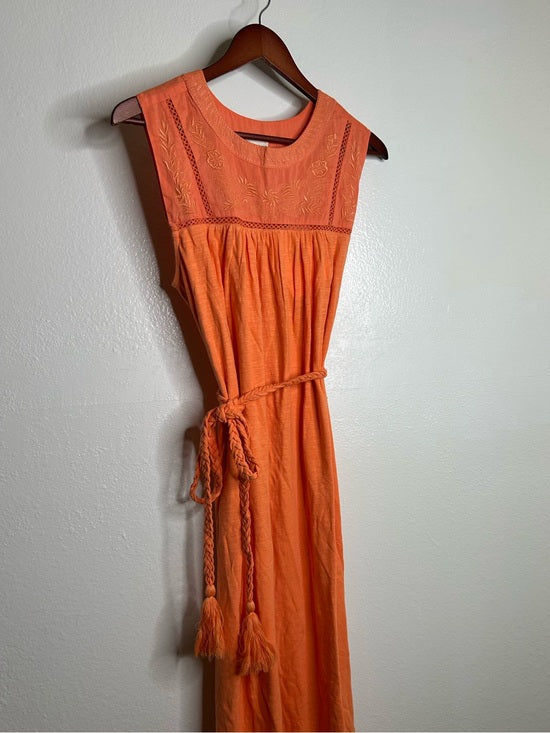 Ex - Voto 100% Cotton Coral Rose Embroidered Floral Midi Dress Tie Waist