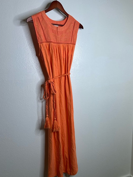 Ex - Voto 100% Cotton Coral Rose Embroidered Floral Midi Dress Tie Waist