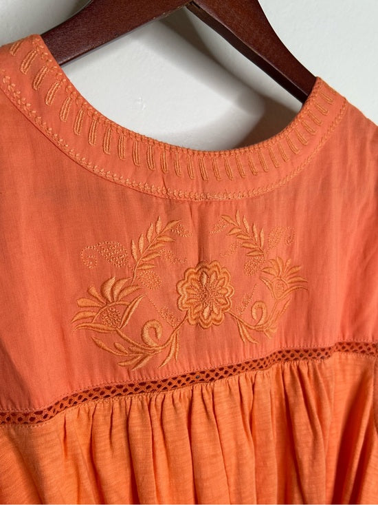 Ex - Voto 100% Cotton Coral Rose Embroidered Floral Midi Dress Tie Waist