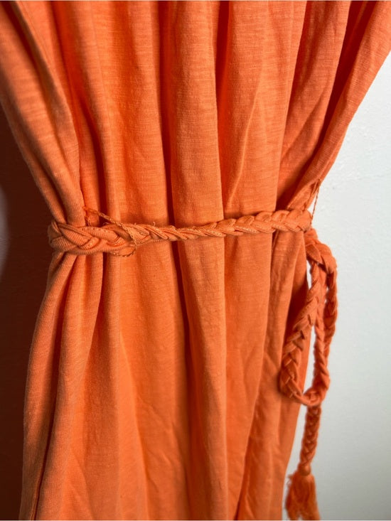 Ex - Voto 100% Cotton Coral Rose Embroidered Floral Midi Dress Tie Waist