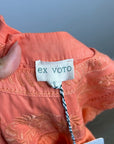Ex - Voto 100% Cotton Coral Rose Embroidered Floral Midi Dress Tie Waist