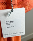 Ex - Voto 100% Cotton Coral Rose Embroidered Floral Midi Dress Tie Waist