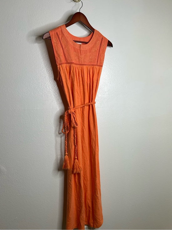 Ex - Voto 100% Cotton Coral Rose Embroidered Floral Midi Dress Tie Waist