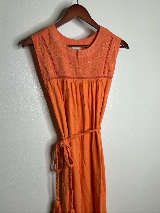 Ex - Voto 100% Cotton Coral Rose Embroidered Floral Midi Dress Tie Waist