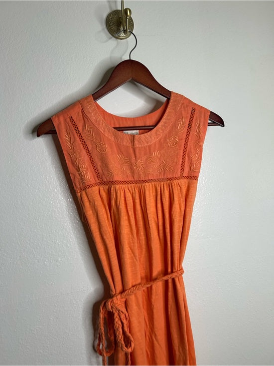Ex - Voto 100% Cotton Coral Rose Embroidered Floral Midi Dress Tie Waist