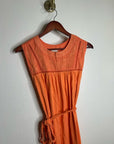 Ex - Voto 100% Cotton Coral Rose Embroidered Floral Midi Dress Tie Waist