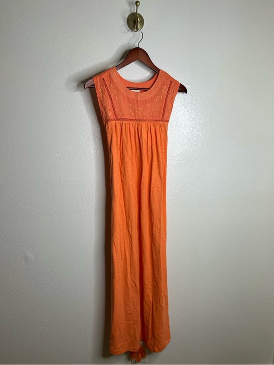 Ex - Voto 100% Cotton Coral Rose Embroidered Floral Midi Dress Tie Waist