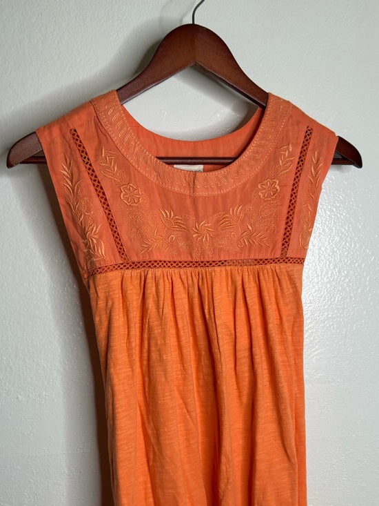 Ex - Voto 100% Cotton Coral Rose Embroidered Floral Midi Dress Tie Waist