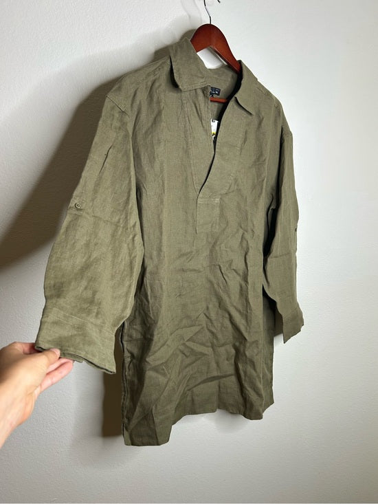 J. Crew 100% Linen Popover Long Sleeve Mini Dress in Army Green