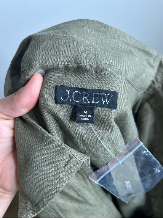 J. Crew 100% Linen Popover Long Sleeve Mini Dress in Army Green