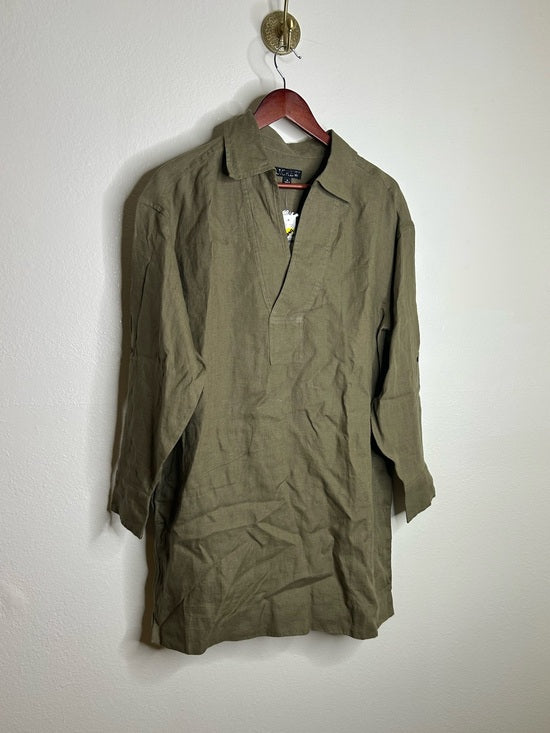J. Crew 100% Linen Popover Long Sleeve Mini Dress in Army Green
