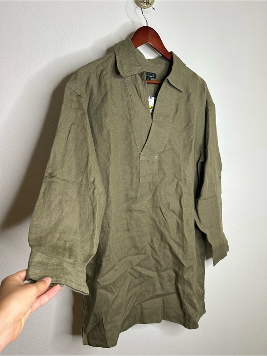 J. Crew 100% Linen Popover Long Sleeve Mini Dress in Army Green