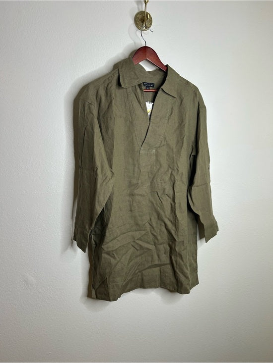 J. Crew 100% Linen Popover Long Sleeve Mini Dress in Army Green