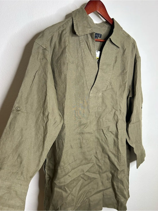J. Crew 100% Linen Popover Long Sleeve Mini Dress in Army Green
